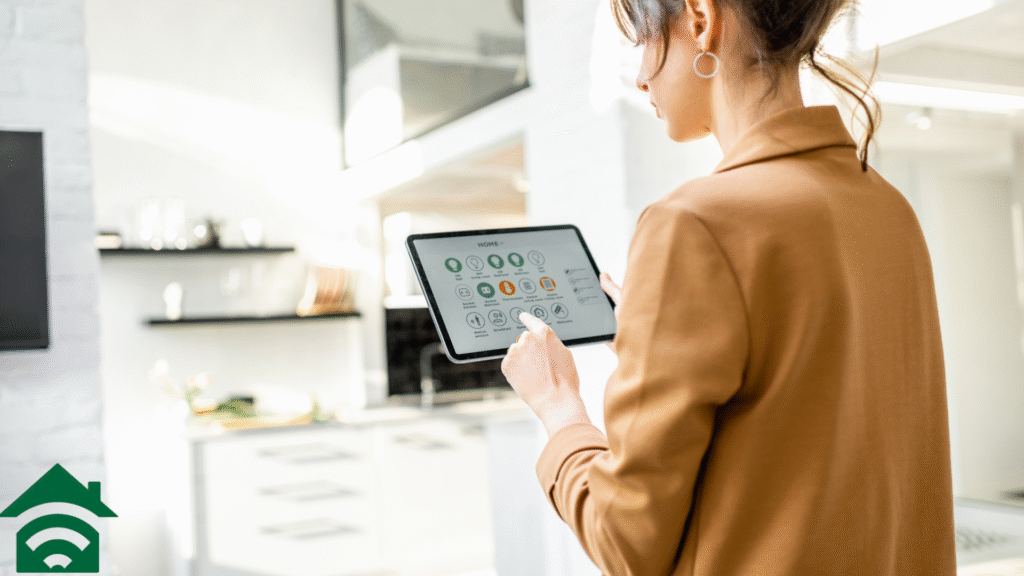 Homeowner controlling smart home system via tablet