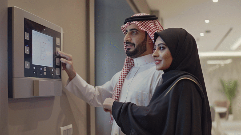 Saudi couple using a smart home control panel in a modern living room