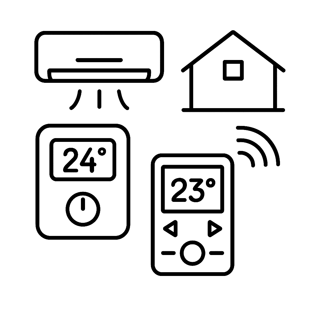 Black and white illustration of a Saudi home interior with smart thermostat and smart AC controller icons representing modern climate control systems