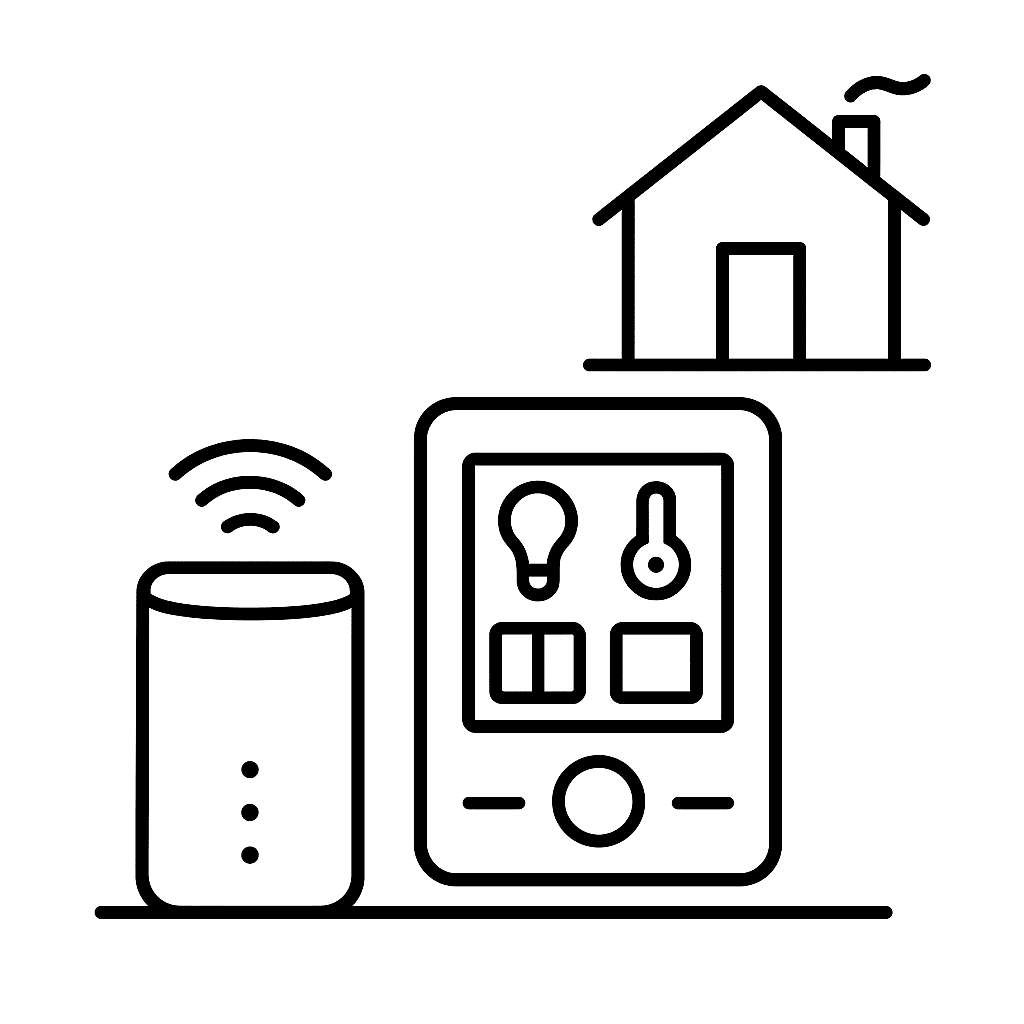 Black and white illustration of a smart home control panel and voice assistant device, representing centralized automation and voice-controlled systems in a modern residential setup.