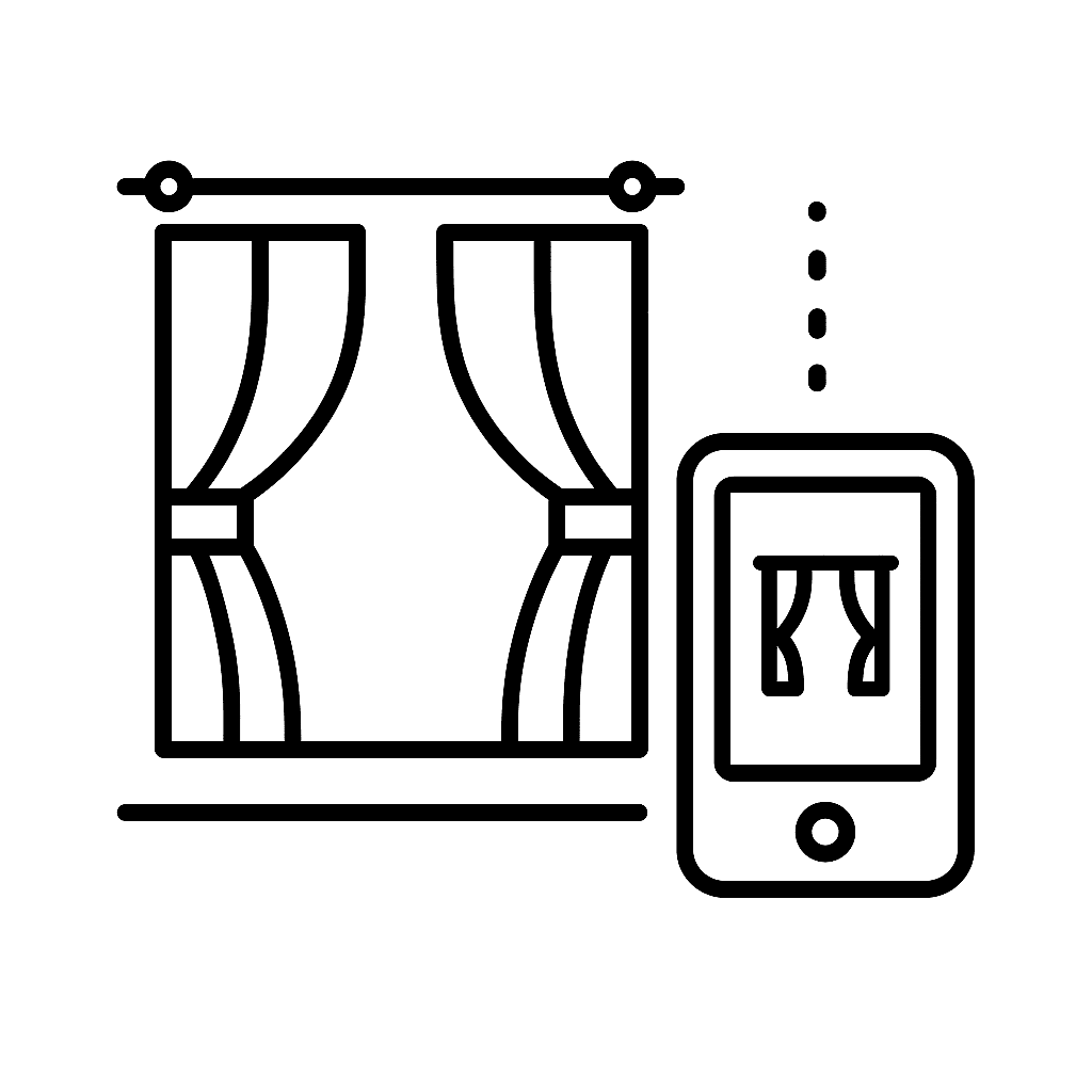 Black and white illustration of smart curtain motors installed on modern window tracks, controlled by phone or voice assistant in a Saudi home