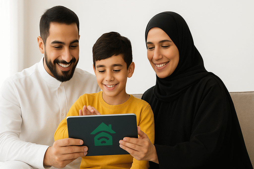 Saudi family enjoying a smart home experience with HOMETECH technology