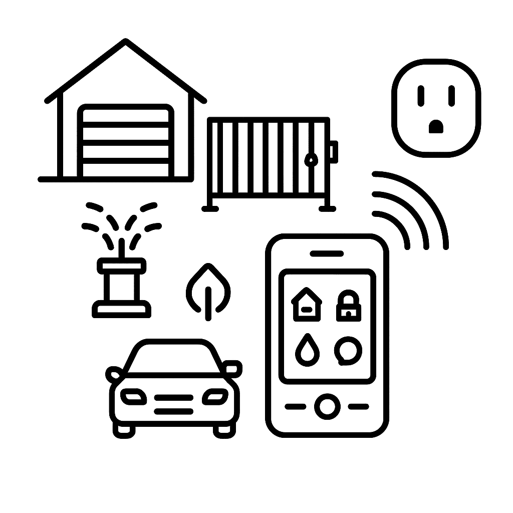 Black and white illustration showing various custom smart home automations including a garage door, gate opener, irrigation system, and smart modules, representing advanced control options beyond standard devices.