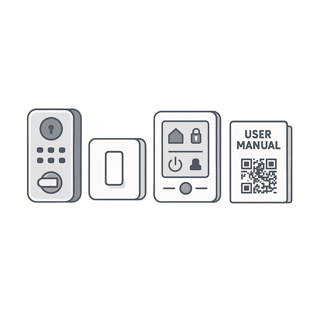 HOMETECH smart product help – smart lock, light switch, control panel, and user manual with QR code