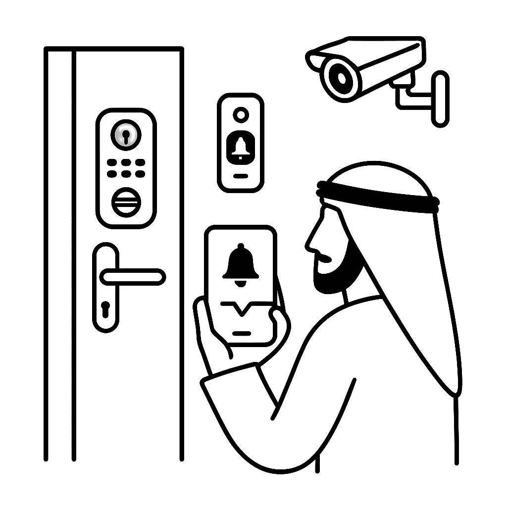 Black and white illustration showing smart locks on residential doors, representing keyless access and remote control options in a modern Saudi home.