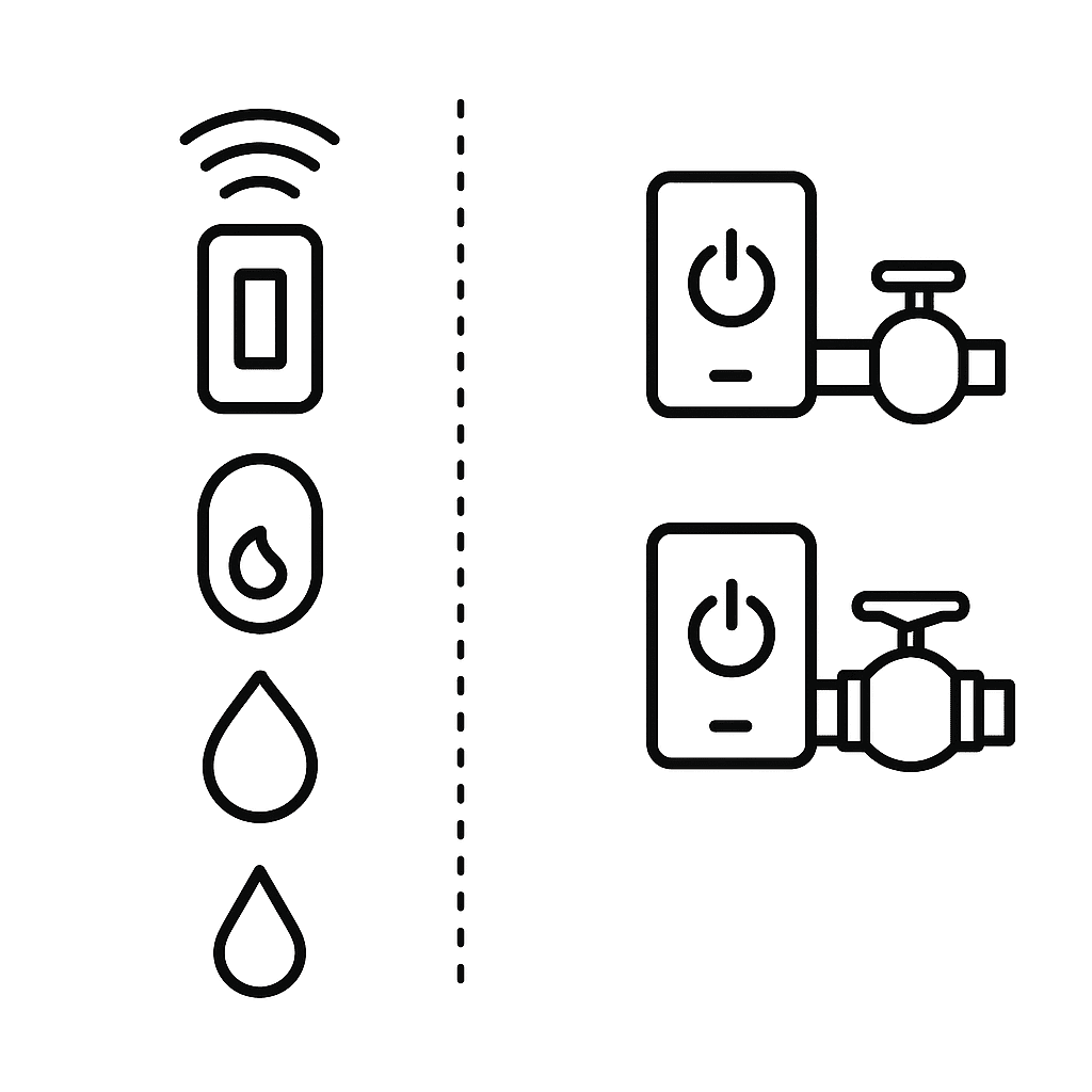 Black and white illustration showing various smart home safety sensors including motion, smoke, gas, water leak detectors, and smart valve controllers, representing home monitoring and automated protection features.