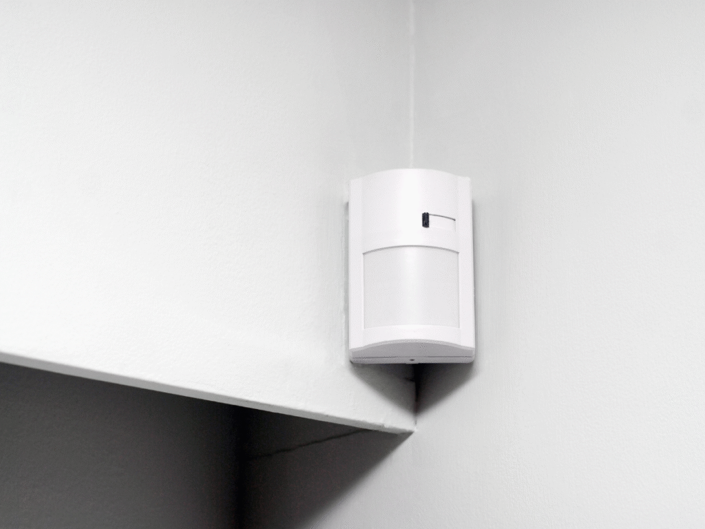 Wall-mounted smart motion sensor installed in a home corner for security and automation.