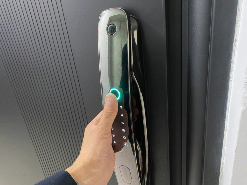 Hand unlocking a modern full-length smart door lock with illuminated keypad on a dark-colored door.