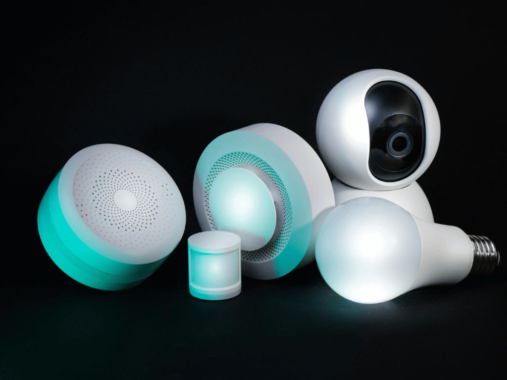 Smart home devices including sensors, a smart camera, smart bulbs, and hubs displayed together on a black background.