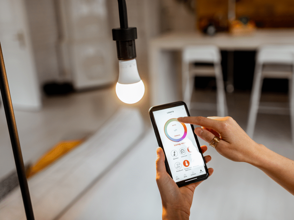Hand holding a smartphone controlling a smart LED bulb through a lighting app in a modern home.